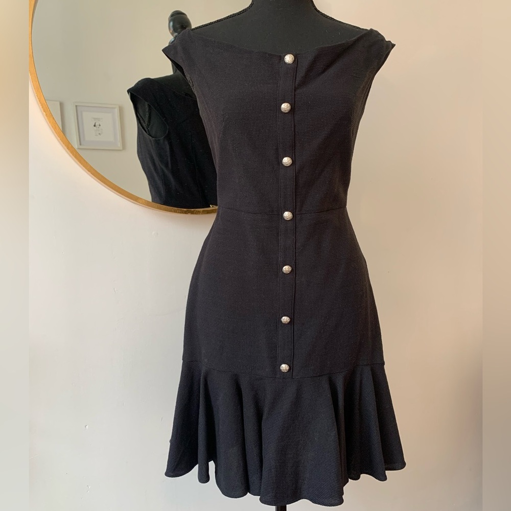 Veronica Beard Navy Ruffle Over the Shkulder Midi Dress with Gold Buttons